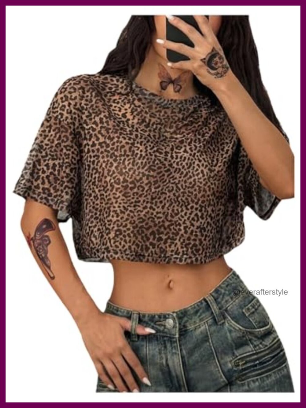 Women's Cheetah Print Crop Top Mesh Animal Y2K Short Sleeve Tee